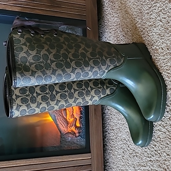 Coach Shoes - Coach boots Lace-Up Corset back Signature Logo Rain Boots ~ Brown/green …
